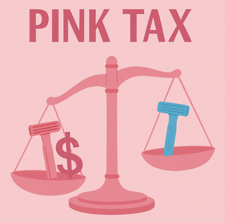 Pink Tax illustration with a scale comparing pink and blue razors